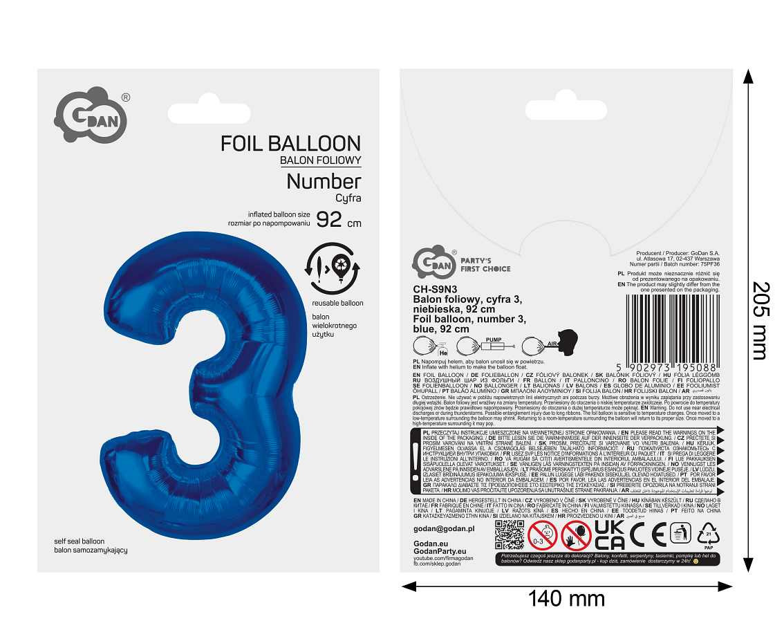 Balon foliowy Smart cyfra 3 niebieska 92cm AA CH-S9N3 GoDan